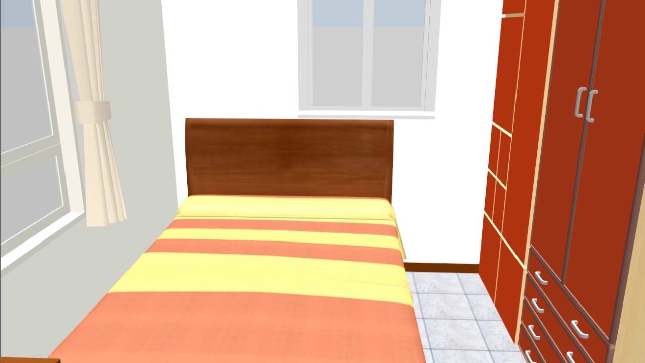 寝室レイアウト　6畳　ダブルベッド　部屋角配置