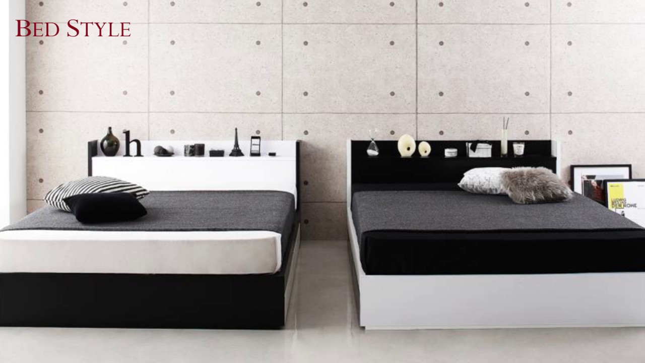 白×黒のカタチ 棚・コンセント・収納付大型モダンデザインベッド